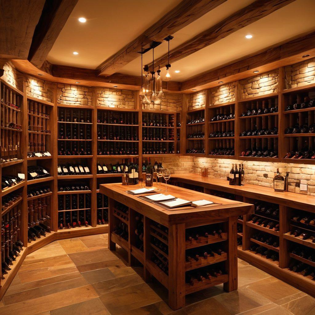 A beautifully arranged wine cellar showcasing an extensive collection of wine bottles on wooden racks, with labels facing outward. Soft, warm lighting enhances the rich colors of the wine and reflects off the polished wood. Include a tasting table with wine glasses and a notebook for notes, surrounded by grapes and a corkscrew for an elegant touch. The atmosphere should feel inviting and sophisticated, appealing to wine enthusiasts. super-realistic. warm lighting. vibrant colors.