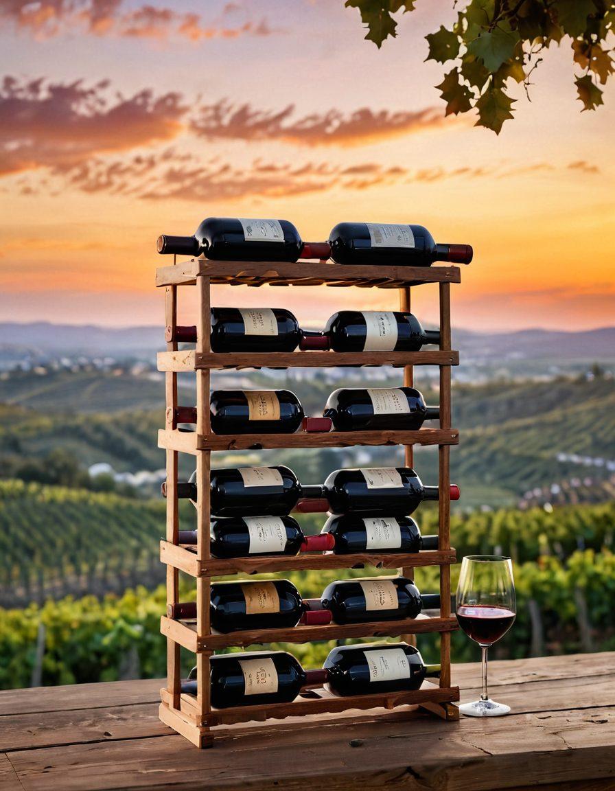 A beautifully arranged wooden wine rack filled with an assortment of wine bottles, each labeled elegantly. In the background, a sprawling vineyard under a sunset sky, highlighting the journey from grapes to wine. Sophisticated wine preservation tools scattered on a rustic table beside a glass of deep red wine. Soft bokeh effect to create warmth and a sense of luxury. super-realistic. vibrant colors. warm tones.