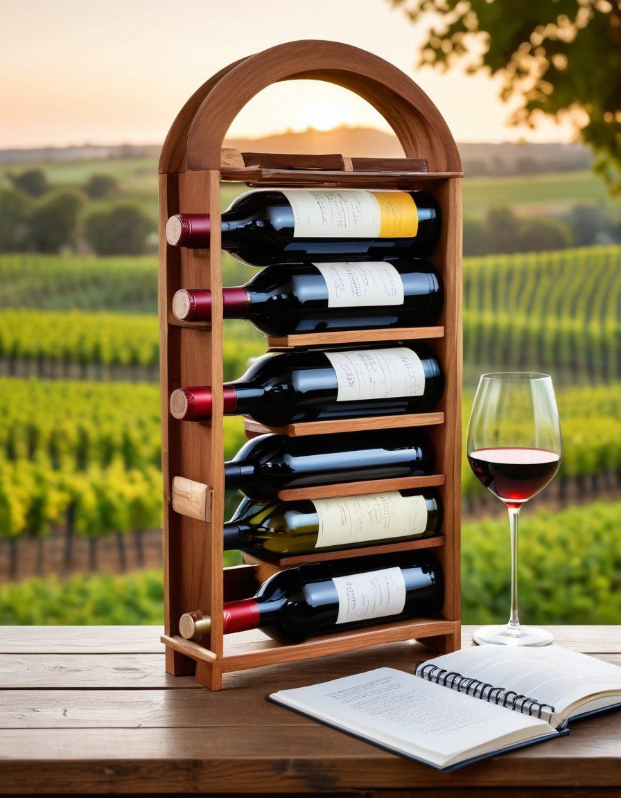 A beautifully arranged wooden wine rack displaying an assortment of wine bottles, with labels in elegant typography. In the foreground, an open notebook with handwritten notes and a glass of red wine beside it, casting soft reflections on the polished surface. Background features a softly blurred vineyard landscape at sunset. warm tones, inviting ambiance. super-realistic. vibrant colors.